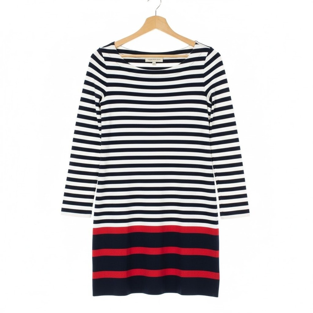 86-JONES NEW YORK SPORT Striped Long Sleeve Boat Neck Dress Sz S Navy White Red